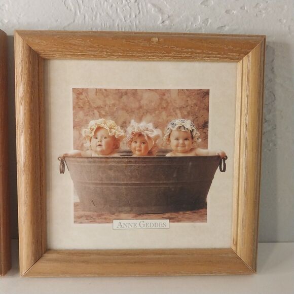 Vintage Anne Geddes Bathroom Prints 90s Babies Framed Decor 7x7 Set Of 2 - Picture 3 of 6